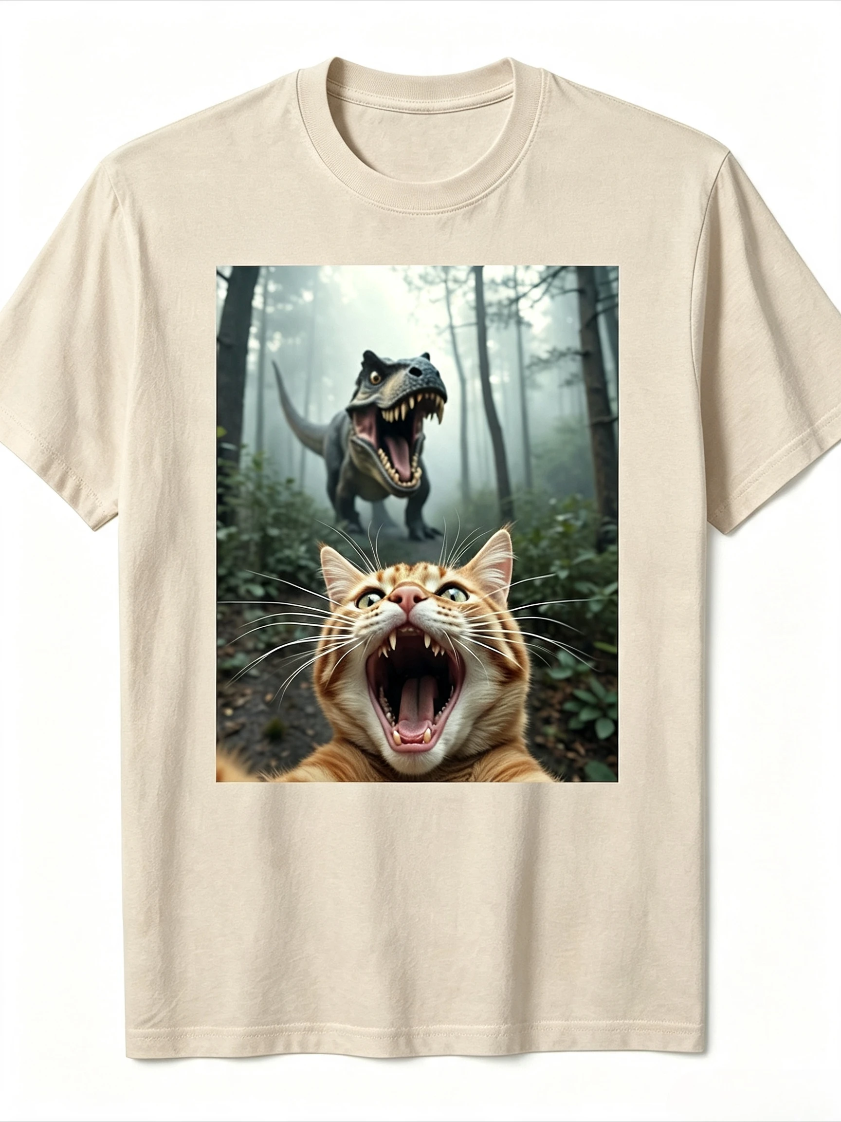 Funny Scared Cat Selfie With Dinosaur Graphic T-shirt Men Women Wild Forest Meme Print Short Sleeve Casual Streetwear Tops