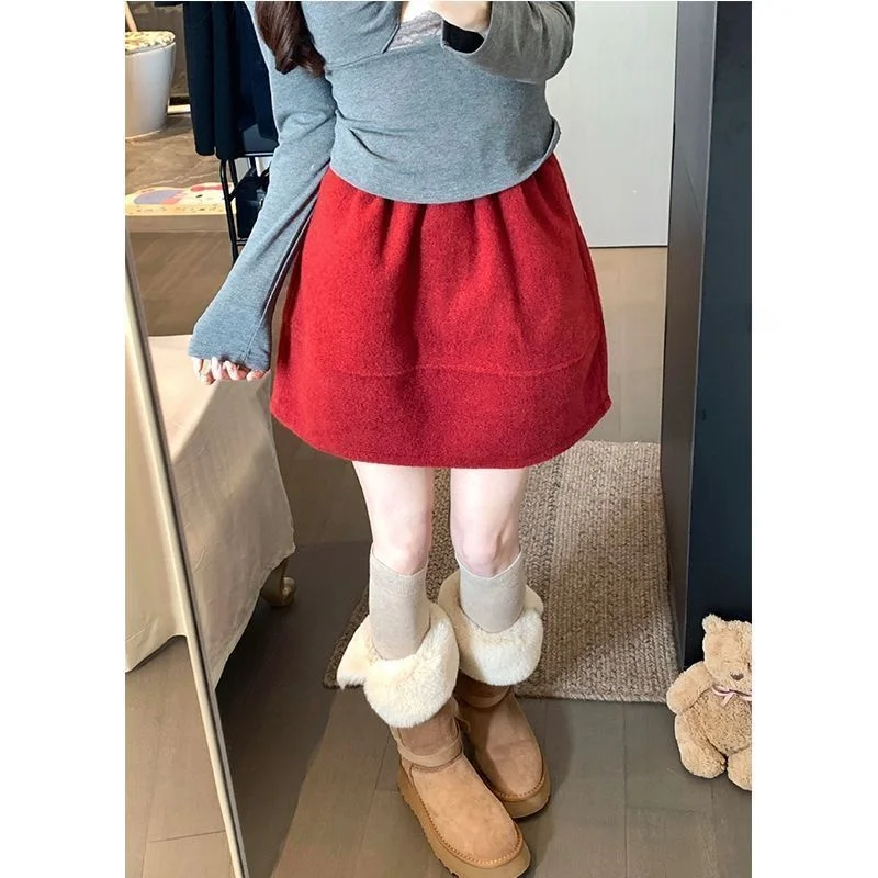 

Новогодняя красная шерстяная короткая юбка с высокой талией в корейском стиле, осенне-зимняя, А-силуэт, с эффектом похудения, с дизайном в виде цветочных бутонов, женская