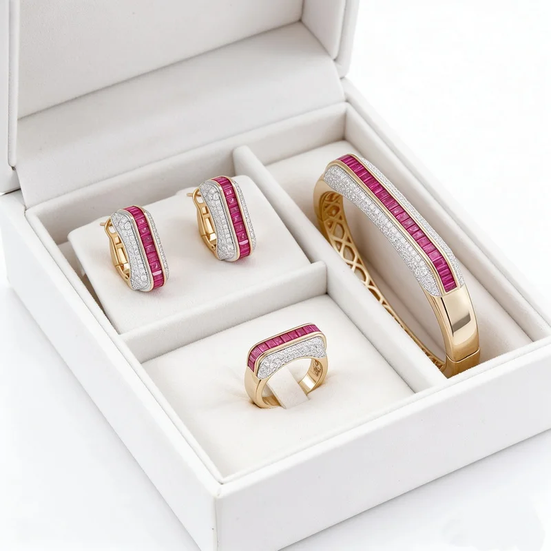 Vintage Style Ring Earrings Bracelet Women Lady Inlay Cubic Zircon Synthetic Square Pink Tourmaline Bangle Party Jewelry Sets