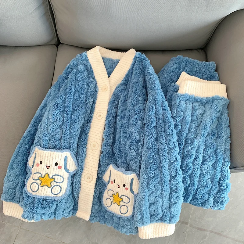 

Ins Cute Cartoon Cinnamoroll Autumn Winter Flannel Pajamas Women's Home Suit Set Can Be Worn Outside -Halloween Christmas Gifts