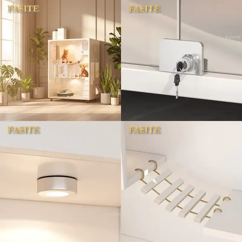 For Modern LED Enclosed Cat House Breathable Luxury White Pet Furniture with Wooden Top Animal Pattern Indoor No Assembly