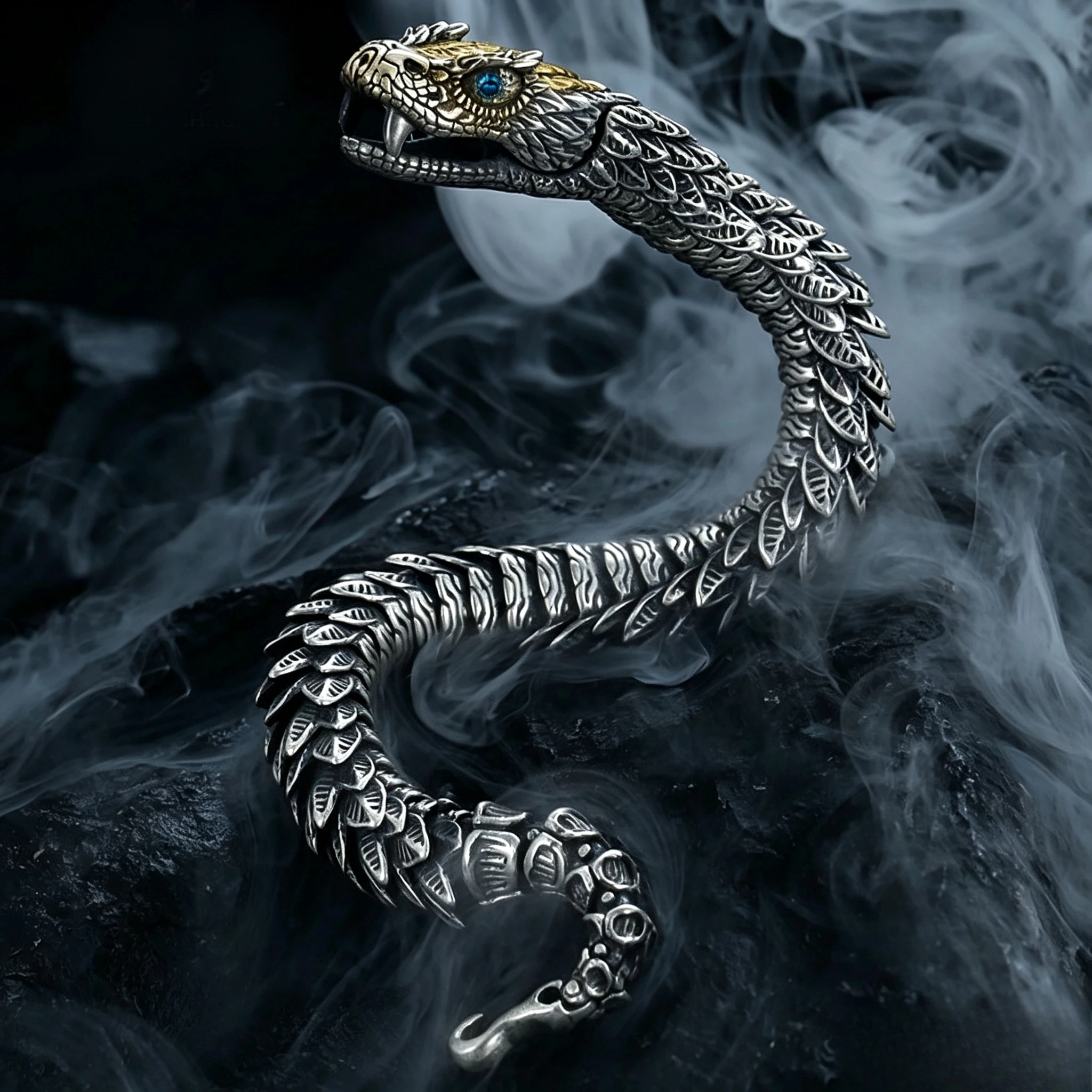 Men Vintage Two‑Tone  Scale Snake Bracelet Retro Blue Eye Serpent Link Chain Punk Gothic Statement Wrist Jewelry Party Gift