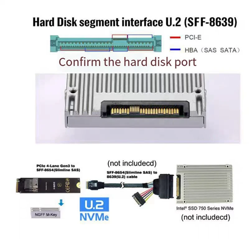 NGFF m-key NVME vers SFF-8654 adaptateur de carte SAS mince et U.2 U2 SFF-8639 NVME Pcie câble SSD 50Cm pour carte mère SSD