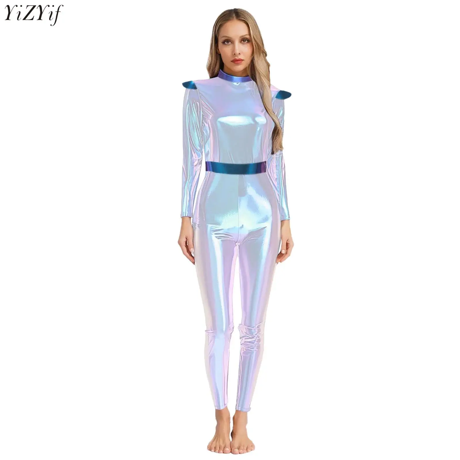 

Womens Halloween Alien Costume Long Sleeves High Waist Jumpsuit Outer Space Cutie Robot Costume for Theme Party Performance