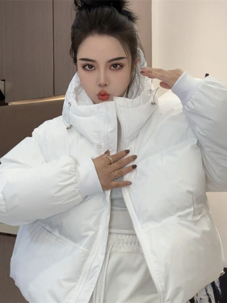 

Korean Sle Loose White Cotton Jaet ort Bread ape Women's Autumn Winter Outerwear Pure Color Commute Zipper Closure