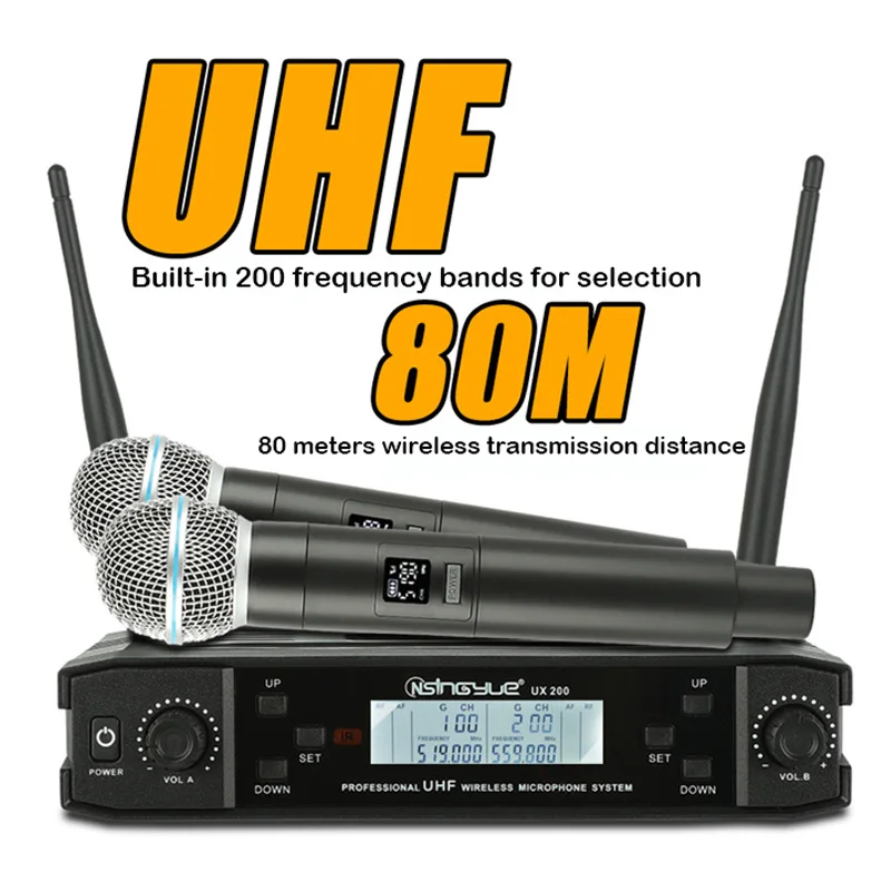 

Wireless Microphone System UHF 2 Channel Dual Handheld Mic For Party Karaoke Church Show Meeting Wedding Stage Performance