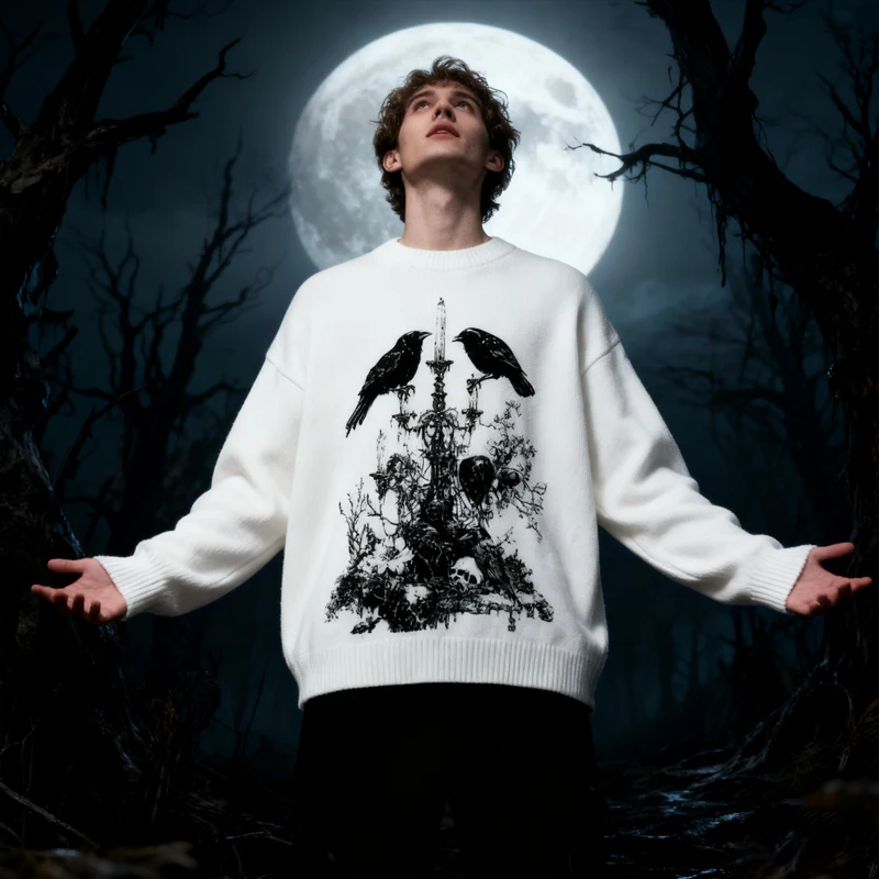 

Gothic Crow and Skeleton Candle Pattern Sweater Neutral Dark Street Wear Extra Large Knitted Jumper Autumn/Winter Casual Top