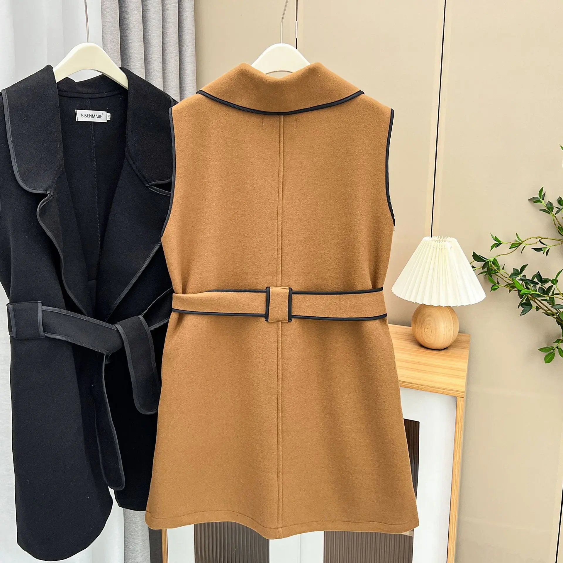 Womens Plus Size Woolen Vest Autumn Casual Clothing Stylish Mid-Length Belt Sleeveless Outwear Curve Coats S6 5704