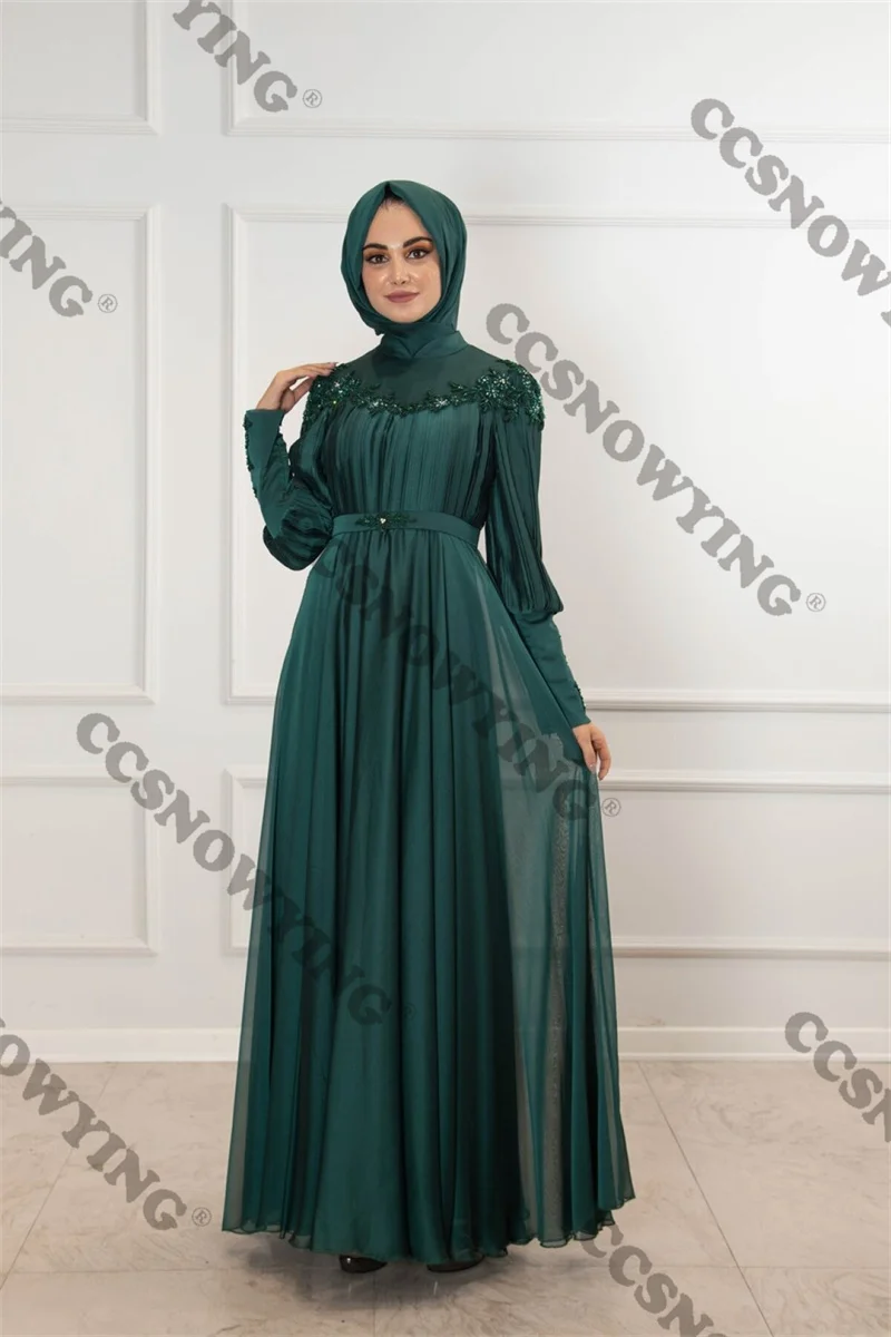 

Chiffon Long Sleeve Muslim Evening Dresses Women High Neck Islamic Appliques Formal Party Gown Arabic Dubai Robe De Mariée