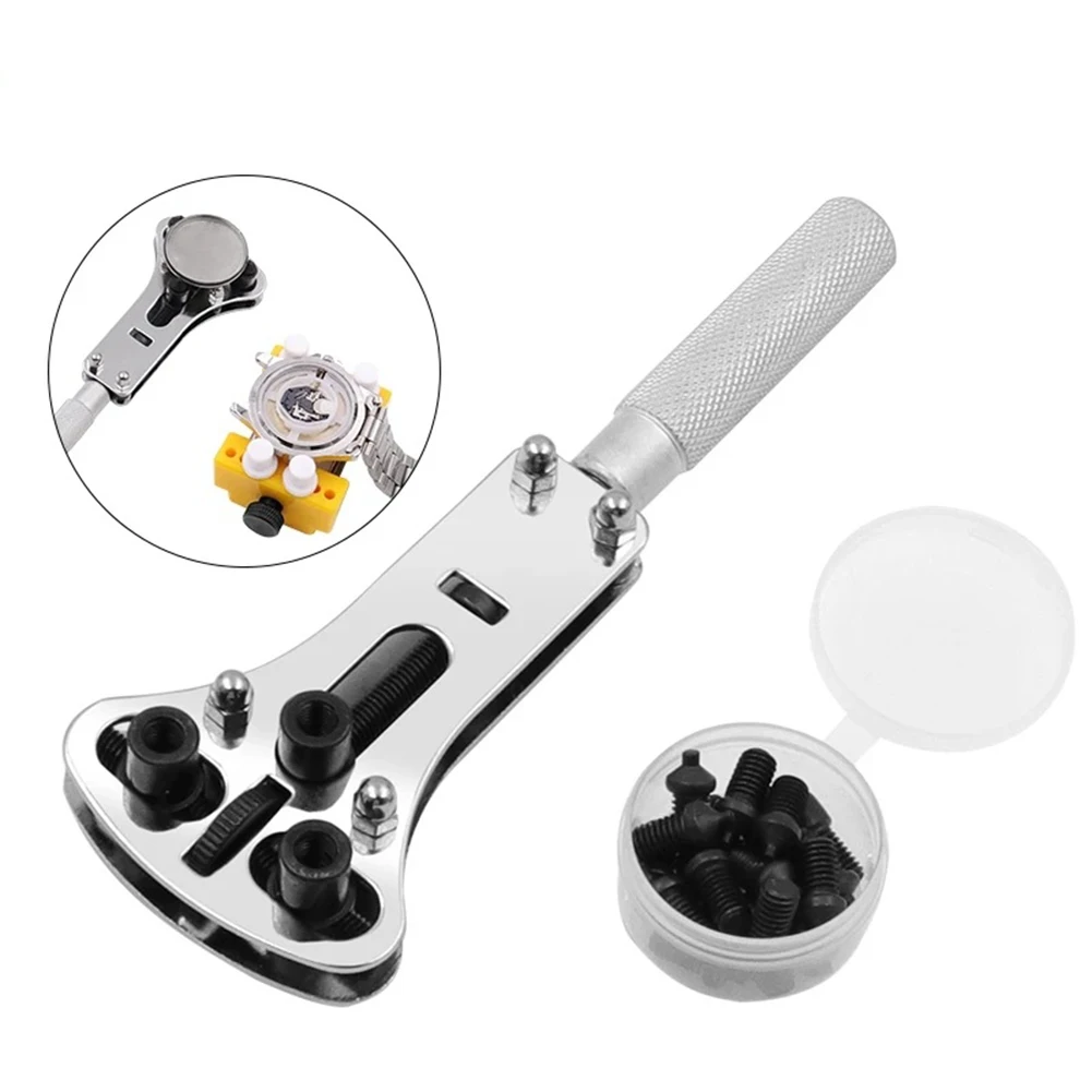 Watch Cover Opener Adjustable Screw Back Hand Tool Wrench Remover Wristwatch Case Opener Silver Three-jaw W/ 15 Spare Claws