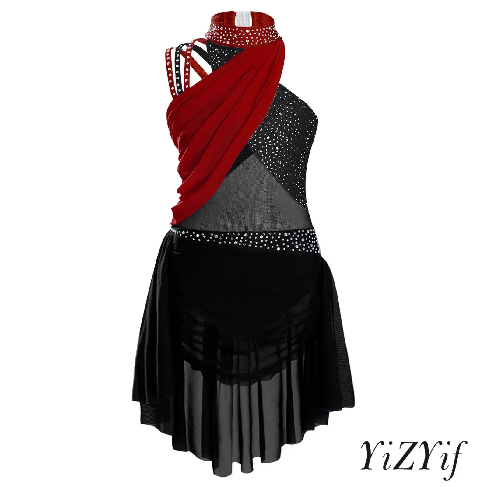 

Kids Girls Figure Skating Dress Ruched Mesh Color Block Rhinestones Backless Crisscross Straps Lyrical Dance Performance Costume