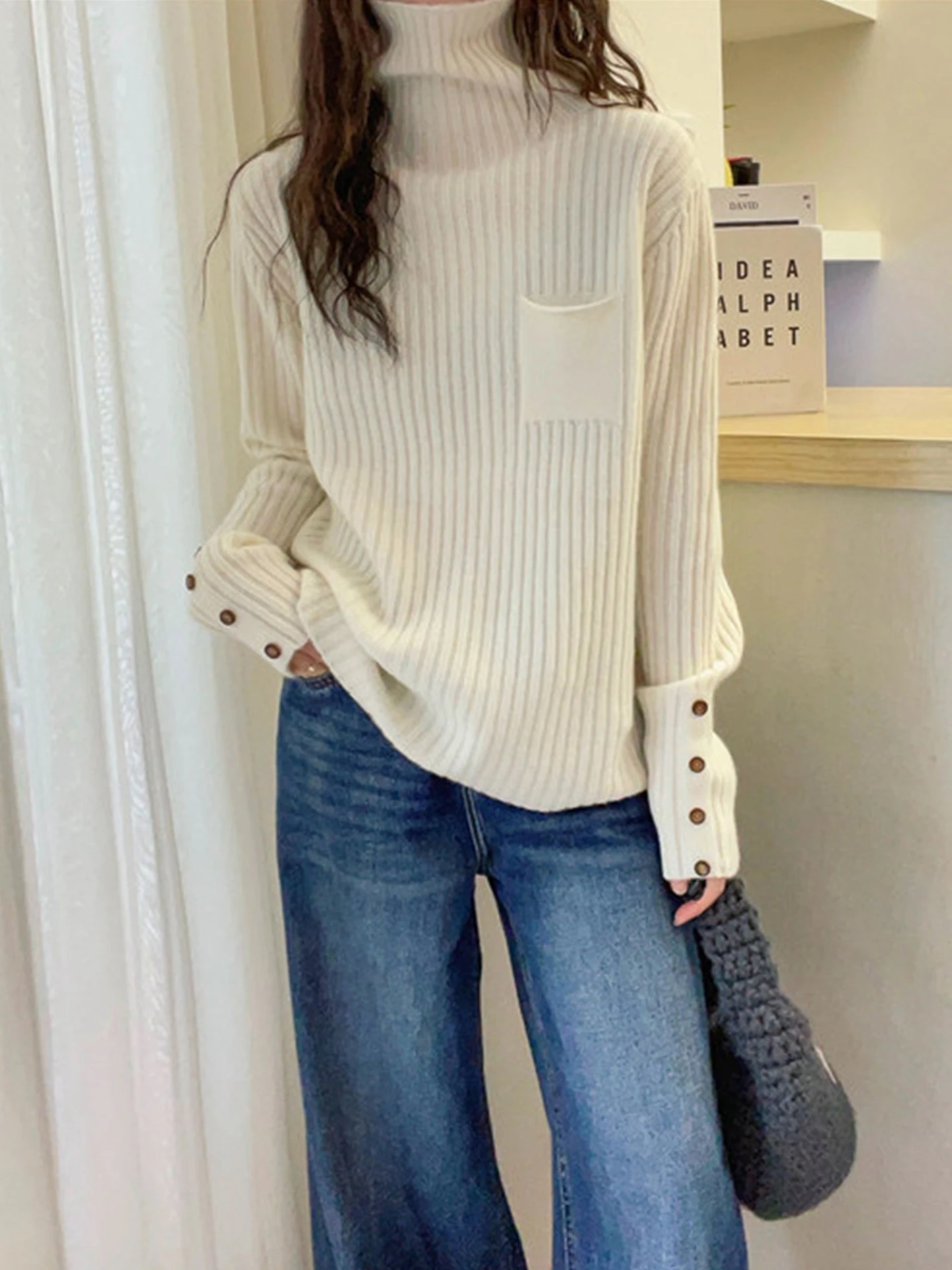 

Ele Pure Color Длинный трикотаж с высоким воротником Све, зимний свитер уникального дизайна, удобный мягкий топ Camere