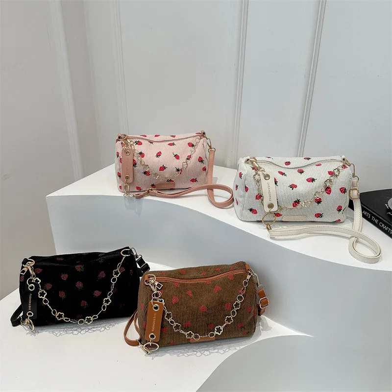 

Strawberry Print Bag New Fresh Floral Cylinder Pillow Bag Shoulder Crossbody Bag