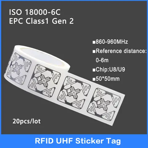 UHF RFID 습식 인레이 태그, UHF 스티커 라벨, U8/U9 칩 전자 라벨, 915 MHz 하이 퀄리티, 18000-6C, 860-960MHz, 20PCs Best5