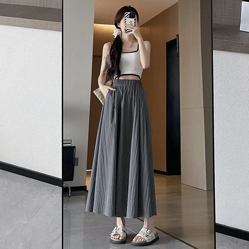 Ice Silk Pleated Skirt Women\'s Summer Thin High Waist Mid-Length Umbrella Skirt Lazy Wind Draped Pleated Casual Skirt