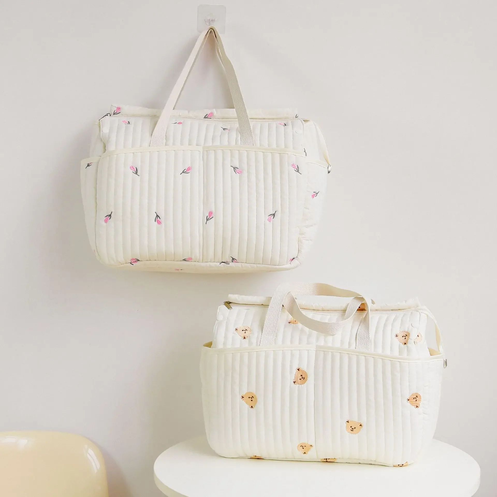 Baby Diaper Bag Cute Bear Flower Embroidery Pattern Mommy Bag Baby Beige Cotton Fabric Zipper Diaper Handbag New Luggage Bag New