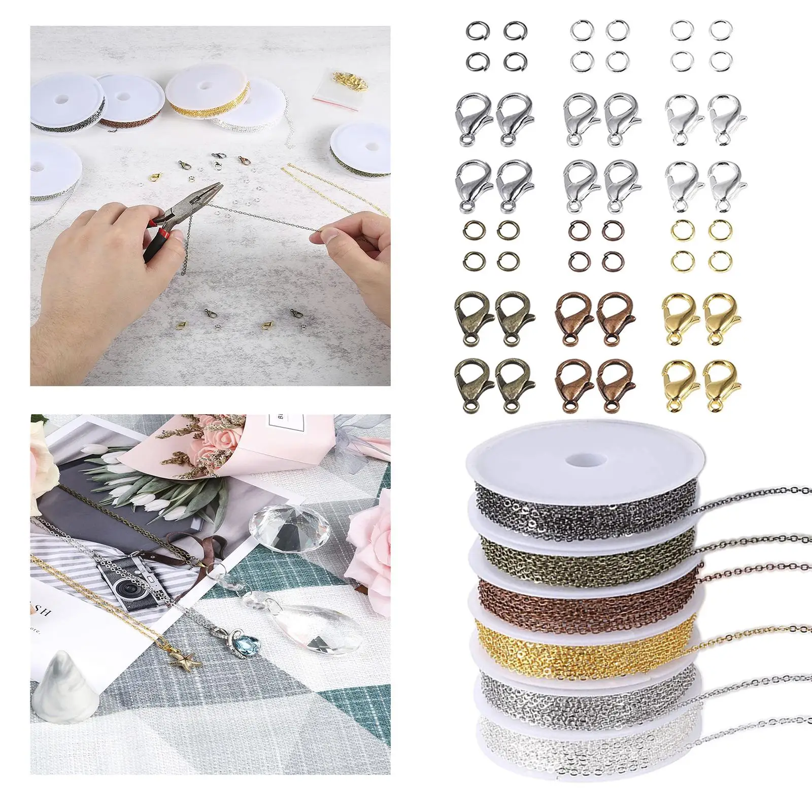 

Цепочки 59 футов для изготовления ювелирных изделий, цепочки 6 цветов для изготовления ювелирных изделий с застежкой-лобстером, 180 открытые соединительные кольца оптом