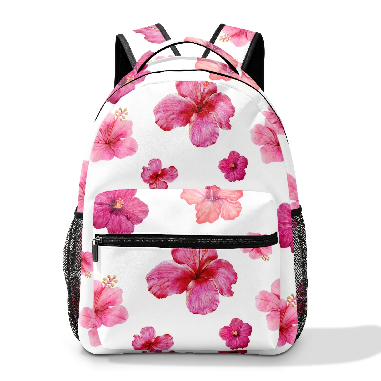 1pc Personalized Fashion Design, Full Print Rose-Colored Hibiscus Backpack, Fresh Natural Floral Pattern, Practical