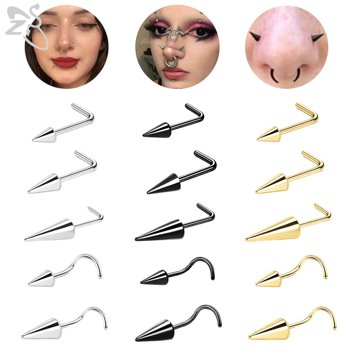 ZS 1 Piece 20G Stainelss Steel Long Spike Nose Stud Men Women Black L/I/S Shapes Nose Piercings Cone Nostril Piercings 6/8/10MM