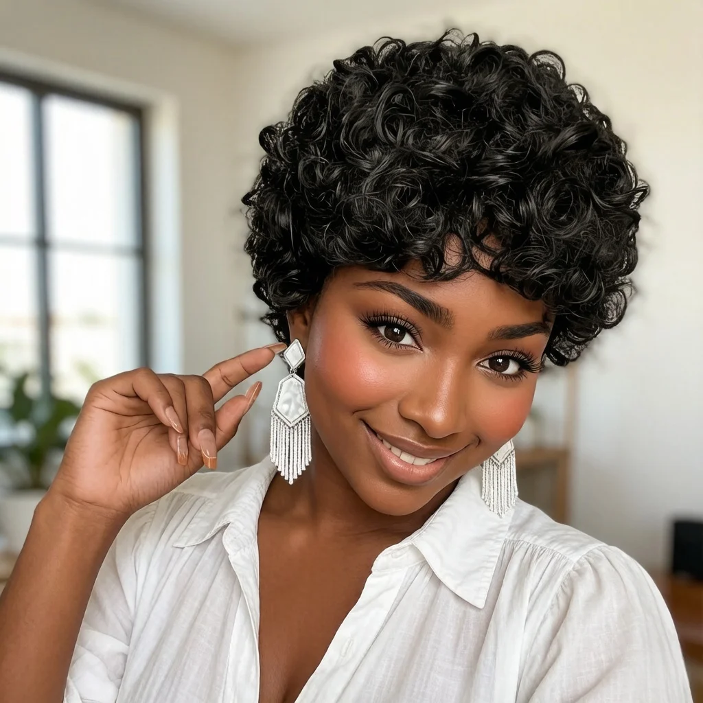 フルマシンメイド人毛ショートピクシーウィッグ、ナチュラルブラックウェーブヘアウィッグ、女性用デイリーウェア