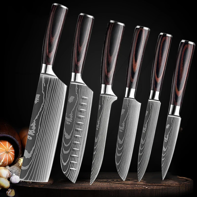 7CR17Mov Steel Knives Sets Meat Cleaver Razor Sharp Wooden Handle Salmon Sushi Santoku Japanese Knives Set