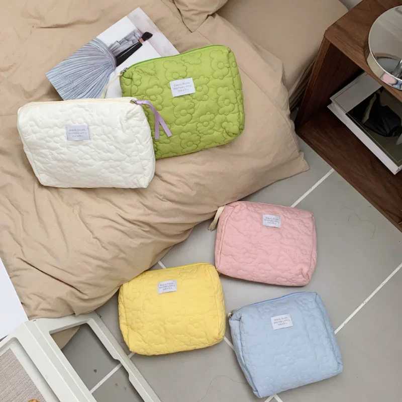 Large Capacity Soft Cotton Cosmetic Bag for Women Solid Color Portable Travel Toiletry Storage Case Makeup Pouch Organizer