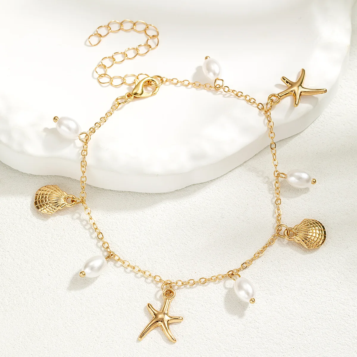 Starfish Shell Anklet Gold Beach Charm Foot Bracelet Faux Pearl Summer Boho Ocean Ankle Jewelry Bracelet on the Leg Gift Women