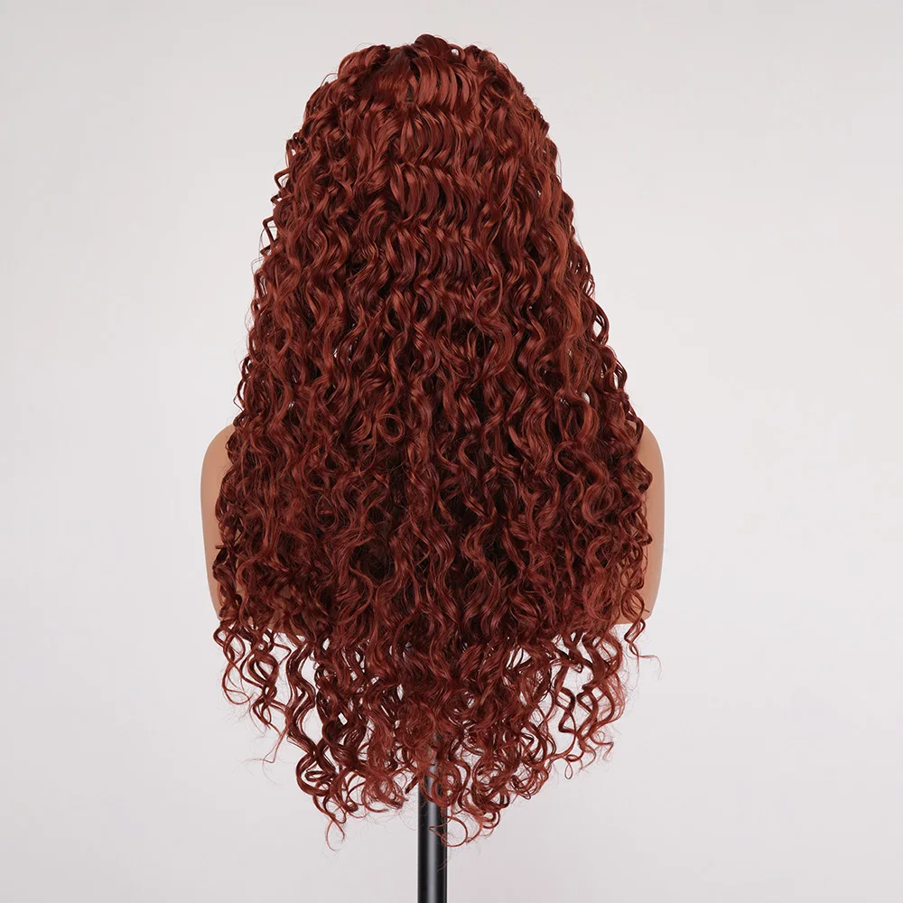180%密度の巻き毛ノットレス編み込みウィッグ、自然な生え際、ジンジャーカラー、13x4レースフロント、女性用巻き毛合成ウィッグ