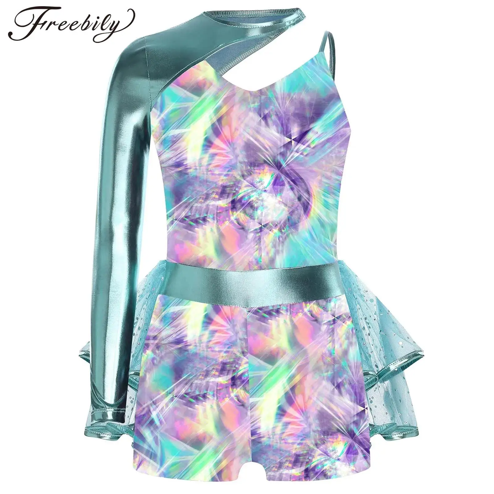 Kids Girl Shiny One Shoulder Print Sequin Mesh Ballet Dance Gymnastics Tutu Leotard Figure Skating Acrobatics Jumpsuit Dancewear