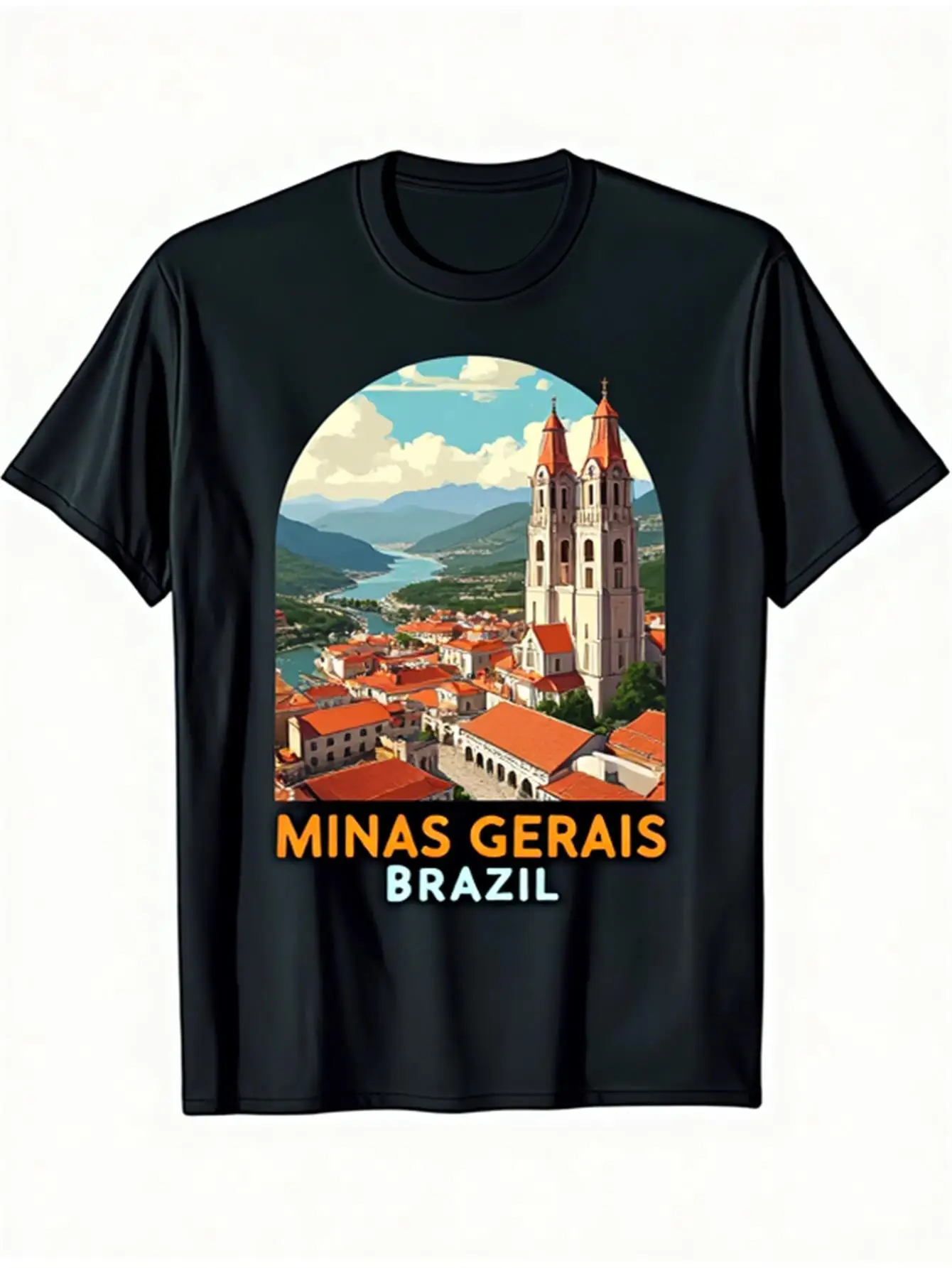 

Men's Brazil Minas Gerais Traditional Pattern T-Shirt, 100% Pure Cotton, Short-Sleeved, Casual Round Neck, Printed with a Vibrant Image of Belo Horizonte Cityscape and Inspired by Christ the Redeemer