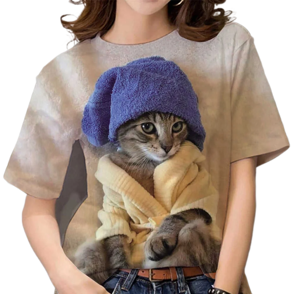 

2023 Summer T-Shirt Women 3D Printing Cute Cat Fashion Tee 2022 New Harajuku Animal T Shirt Short Sleeve Oversized Clothing