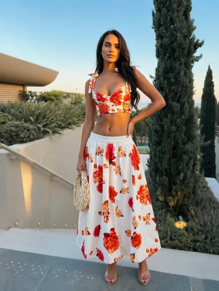 Elegant Floral Printed Bikini With Skirt Set Women 3Pcs Swimsuit Fashion Lady Bandage Biquini Swimwear Mujer Beach Bathing Suit