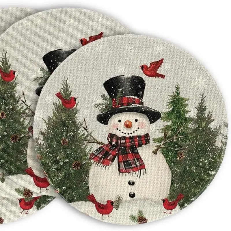 Grid Scarf Snowman Cardinals Round Christmas Mat Wear resistant Plate Mat Home Table Decoration Mat