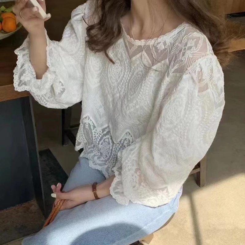 Crochet Long Sleeve Lace Blouse Women Elegant Casual Loose White Shirt Hollow Summer 2023 Ladies O Neck Tops Blusas Mujer 27340