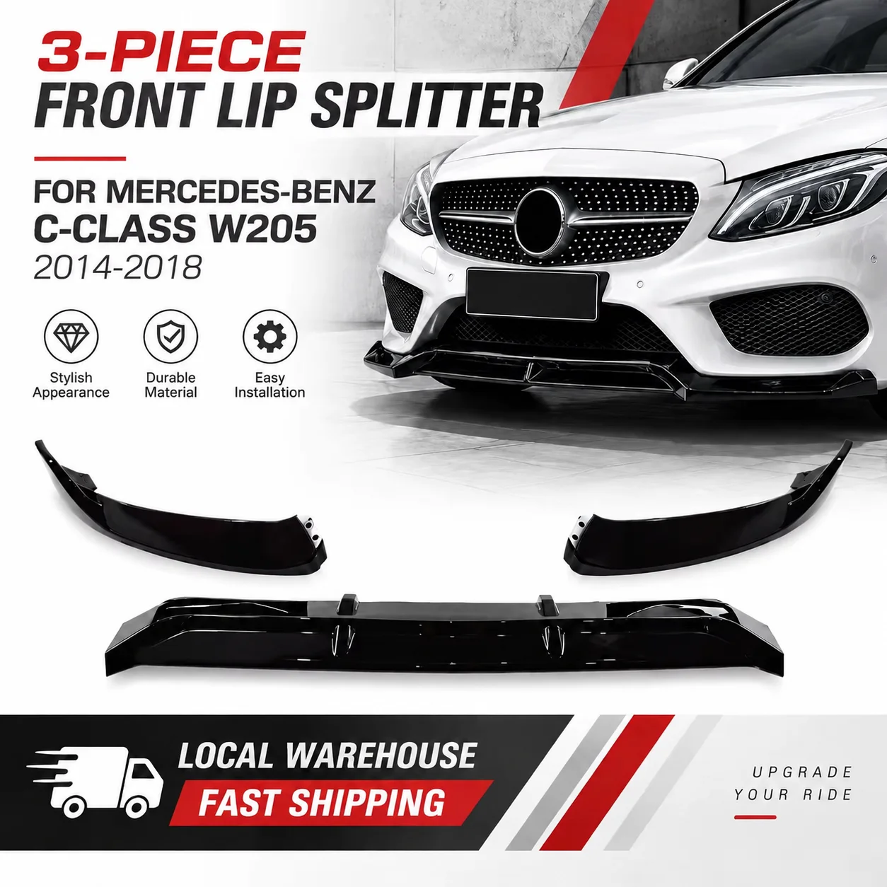 3-teiliger Frontsplitter, Frontlippen-Spoiler, für Mercedes-Benz C-Klasse W205 2014-2018, Frontstoßstangen-Lippenkante