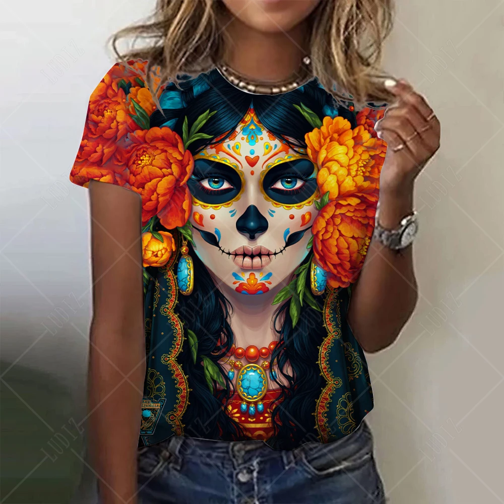 Mexican Day of the Dead Women\'s T Shirt 3D Print Rose Catrina Goddess O-Neck Short Sleeve Tees Streetwear Y2k Clothing For Girls