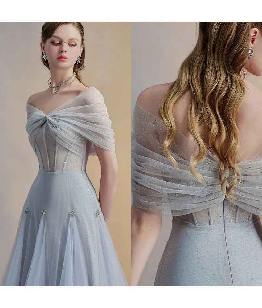 

Customized Luxury Crystal Organza A-Line Off the Shoulder Evening Dress Temperament Short Sleeves V-Neck فساتين سهرة