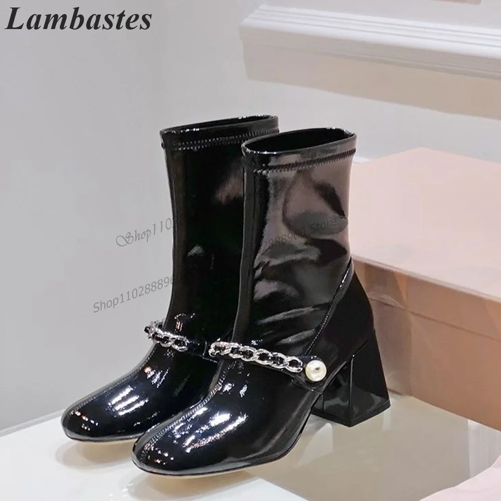 

Black Patent Leather Metal Chain Belt Strap Ankle Boots Chunky High Heel Women Shoes Slip-On Round Toe 2023 Zapatillas Mujer