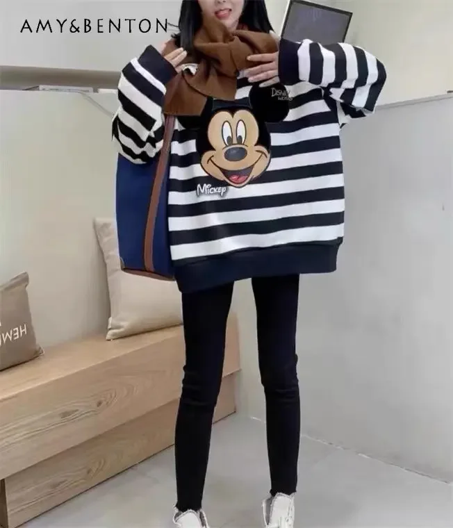Women\'s Loose Cartoon Printed Velvet Padded Thickened Sweatshirt Winter Age-Reducing Striped Pullover Tops Ladies New