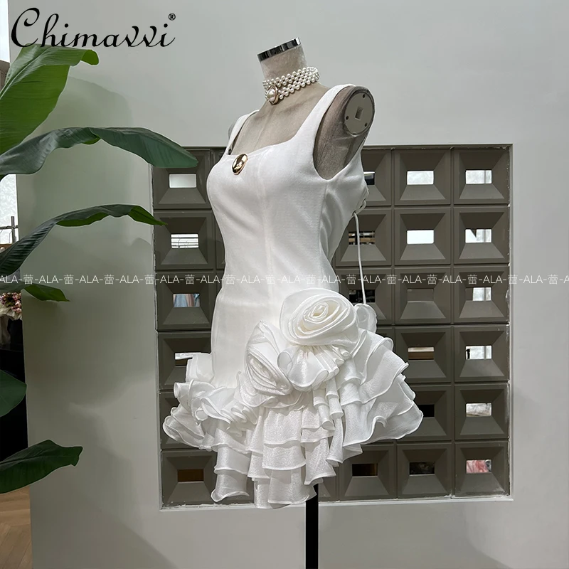 

French Elegant High-End Socialite Birthday Party Dress Square Neck Sleeveless Back Lace-up Slim Irregular Bud Short Dress Women