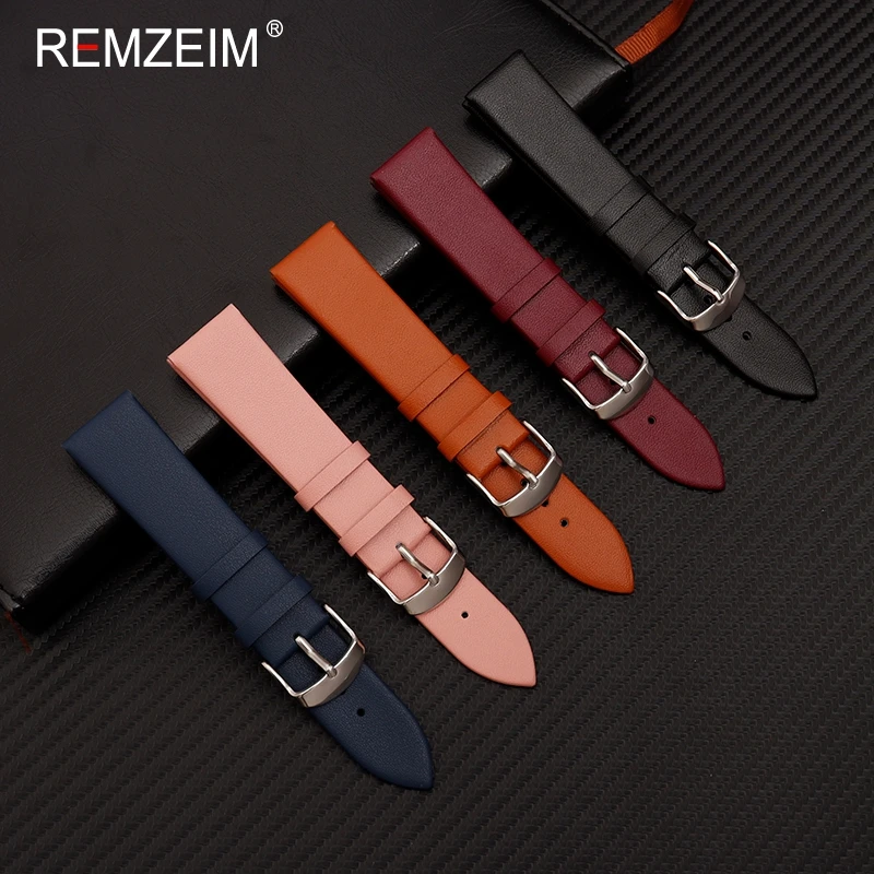 Soft Ultra Thin Leather Watchband Leather Watch Strap 14mm 16mm 18mm 20mm 22mm Silver Stainless Steel Buckle Men Women Watchband