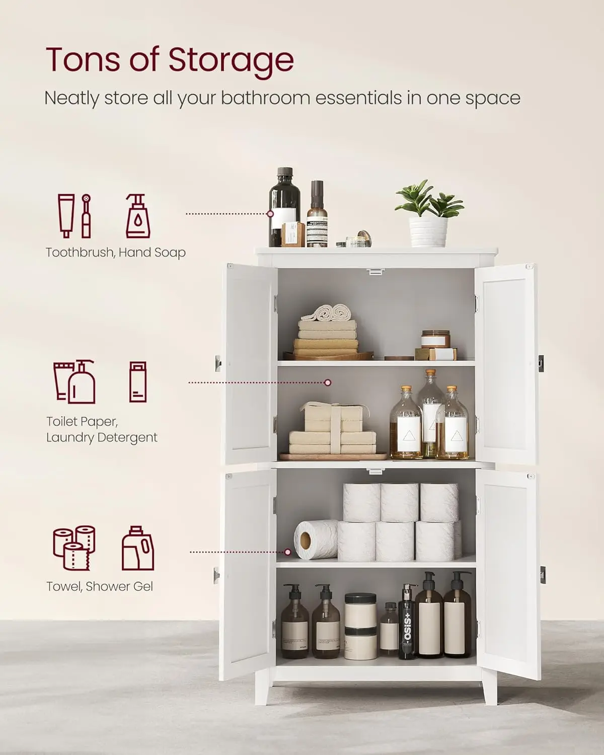 Bathroom Floor Storage Cabinet, Bathroom Storage Unit, Freestanding Cabinet with 4 Doors, Adjustable Shelves, 11.8 x 23. image 4