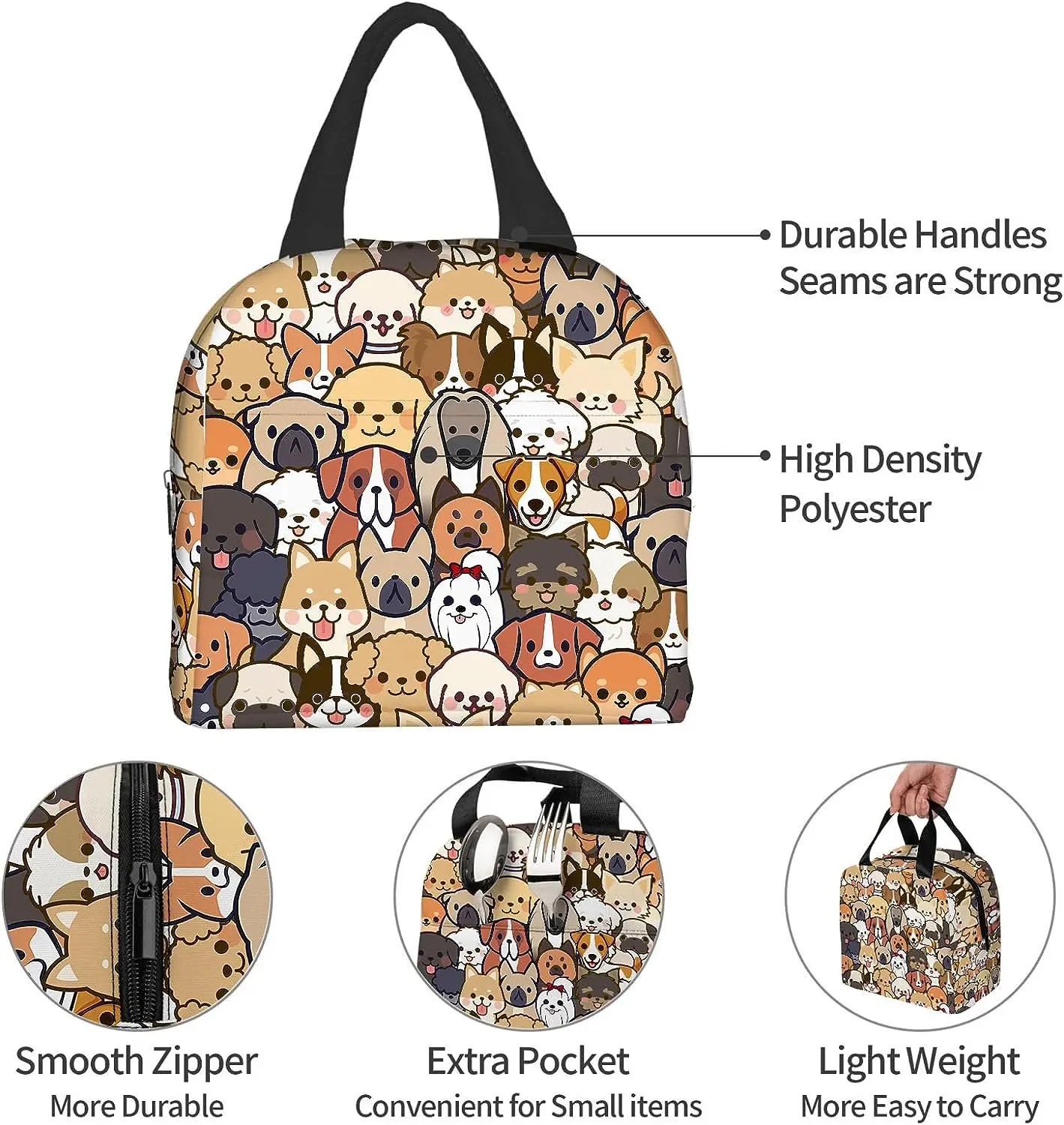 Cute Dog Lunch Bag Kawaii Puppy Lunch Box Animal Print Compact Tote Bag Reusable Purse for Women Picnic Beach Office Work