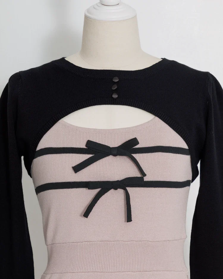 

Japanese Style Sweet Cute Girl Versatile Bowknot Slimming Strap Dress and Knitted Long Sleeve Top Pullover Two-Piece Set
