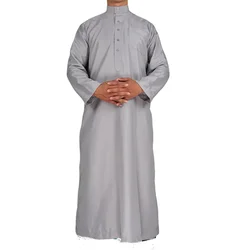 Grey Color Caftan Saudi Arabia Pakistan Kaftan Islamic Clothing Men Crew Neck Maix Long Abaya Clothes Homme Musulman Jubba Thobe