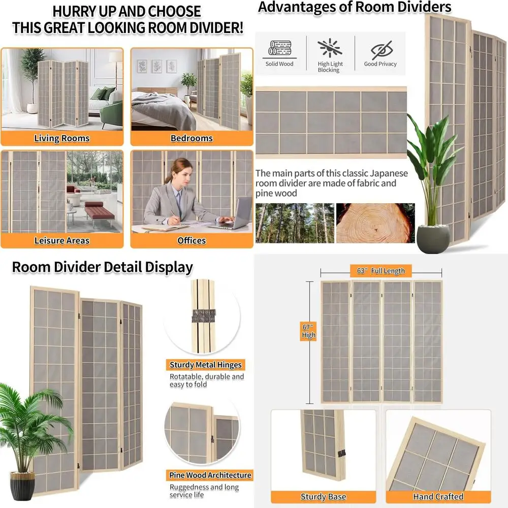 

Японская складная ширма-шоджи серого цвета длиной 5,6 футов для дома и офиса, обеспечивающая приватность