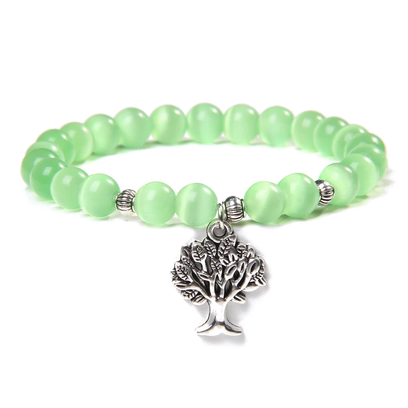 Tree of Life Charm Bracelet Cat Eye Moonlight Stone Beads Elastic Bracelets For Women Men Moonstone Bangle Wrist Jewelry Pulsera