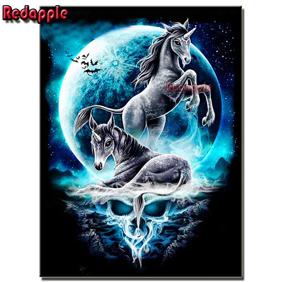 Fantasy Two Unicorns Diamond Painting, Full Round and Square Drill, DIY Diamond Embroidery, Moon Landscape, Cross Stitch, Gift,