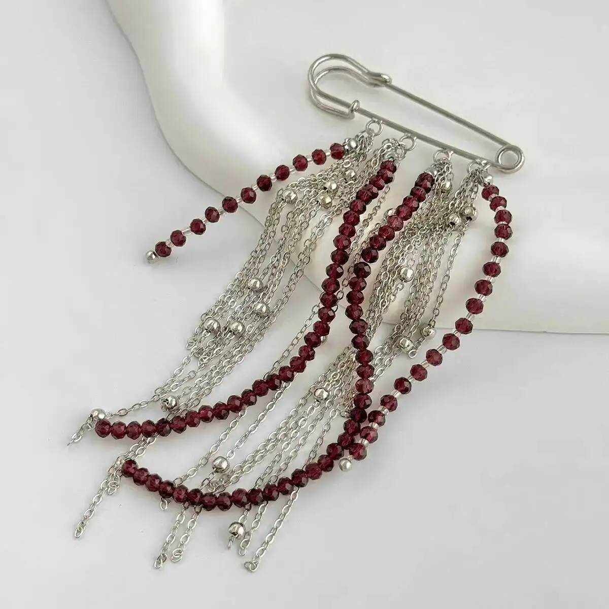2026 Exaggerated Silver Color Tassel Chain Women Brooch Handmade Bead Multilayer Chain Fixed Needle Clothing Decorat