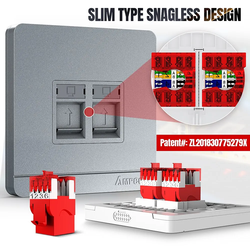 AMPCOM CAT6 Keystone Jack Slim Type, 1/ 10Gbps Krone Type Snageless RJ45 Module Connetor, 50U Gold Plated UTP 180-degree Plug